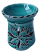 Photophore décoratif marocain en poterie de couleur bleu océan -vert émaillé cerclé et orné de ciselures