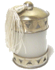Photophore / Bougeoir en verre avec bougie cerclé de métal argenté ciselé terminé d'un pompon en Sabra - Modèle blanc